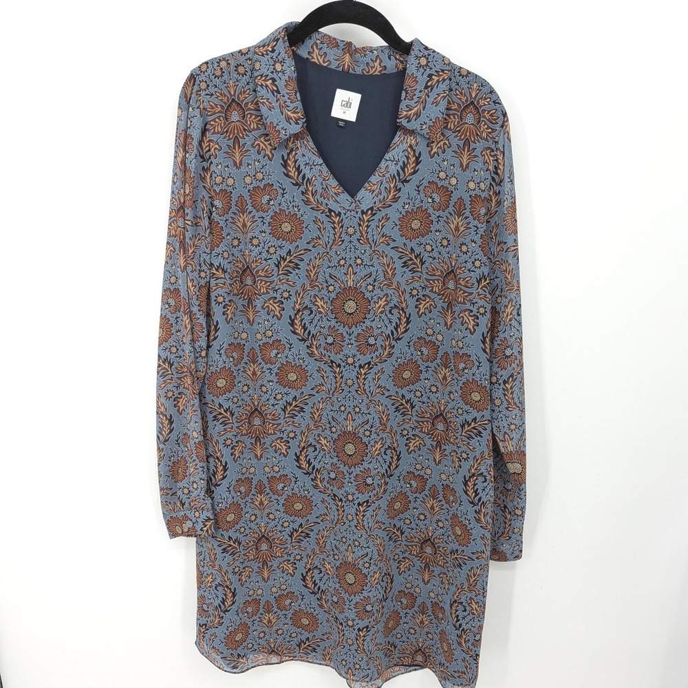 Cabi Tunic Dress Womens Medium‎ Blue Floral Boho Long Sleeve Office Fall 3295